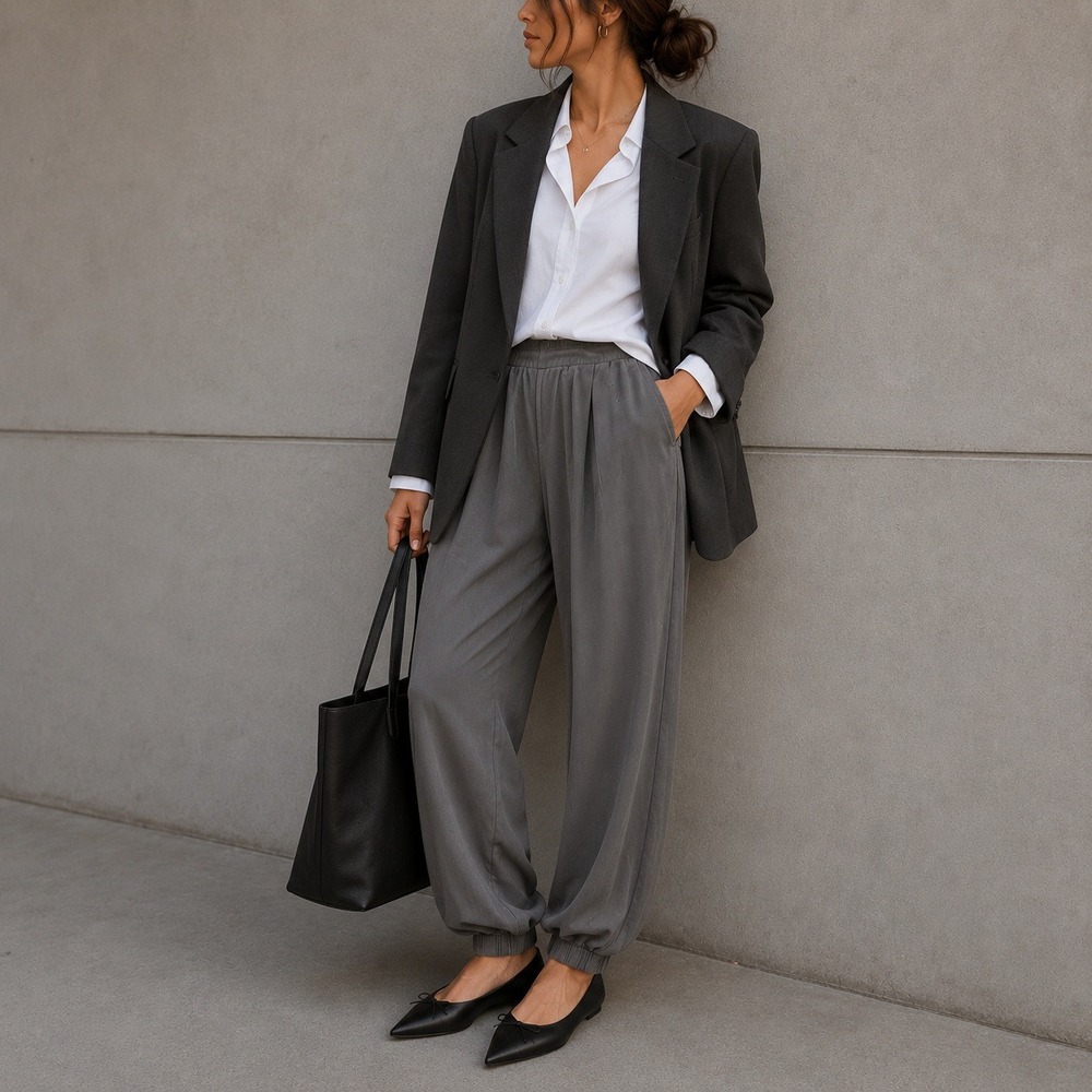 Quiet Luxury Grey Jogger Pants Womens M Elastic Waist Pleated Athleisure Luxe